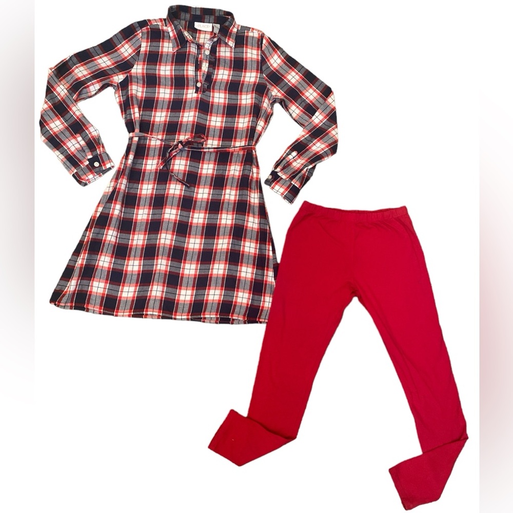 Children place Girls red plaid dress with leggings
